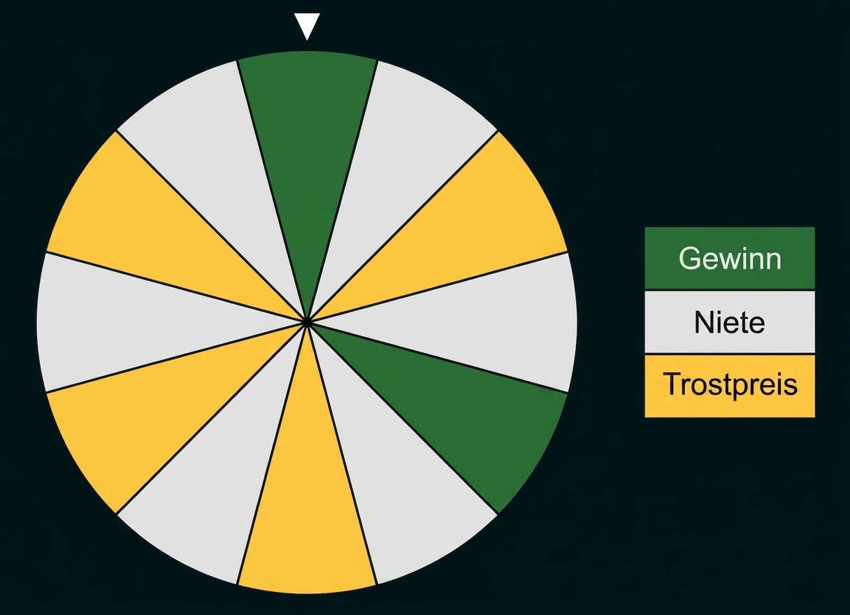 Glücksrad mit Gewinnen, Nieten und Trostpreisen